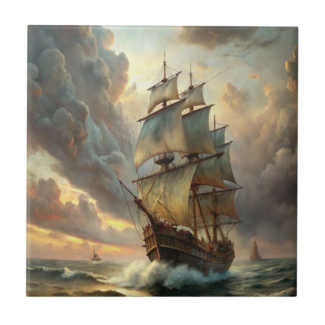 A sailing ship in the ocean ceramic tile (Front)