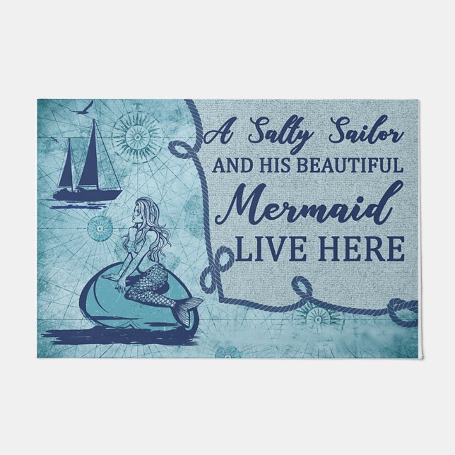 A Salty Sailor And His Beautiful Mermaid Blue Doormat (Front)