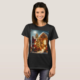 a santa claus is standing in front of a christmas T-Shirt