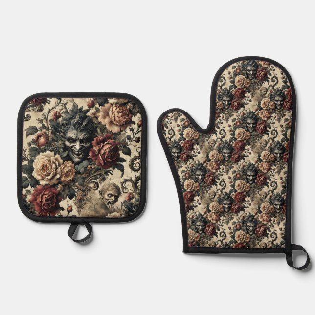 A Savage Sanctum – Gothic Victorian  Oven Mitt & Pot Holder Set (Front)