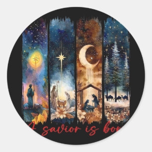 A Saviour Is Born Nativity Scene Christmas Design  Classic Round Sticker
