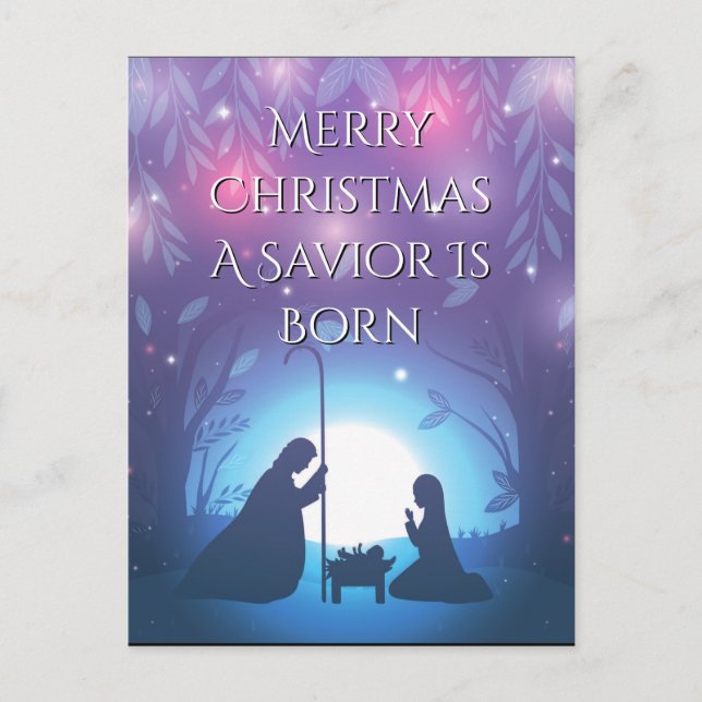 A Saviour Is Born Purple Nativity Christmas Card (Front)