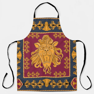 A scarf with a big lion head in a golden color. Se Apron