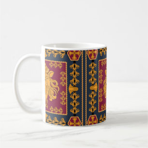 A scarf with a big lion head in a golden color. Se Coffee Mug