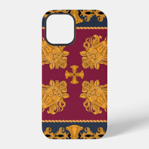 A scarf with a pattern of gold heads of lions and  iPhone 12 case