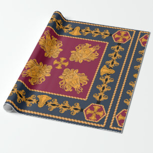 A scarf with a pattern of gold heads of lions and  wrapping paper