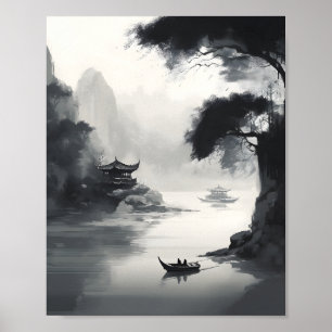 A Scene Depicting A Chinese Landscape And A Boat  Poster