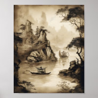 A Scene Depicting A Chinese Landscape And A Boat