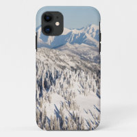 A Scenic View of Snowy Mountains and Trees.