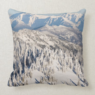 A Scenic View of Snowy Mountains and Trees. Cushion