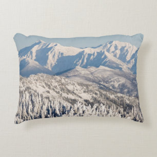 A Scenic View of Snowy Mountains and Trees. Decorative Cushion