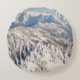 A Scenic View of Snowy Mountains and Trees. Round Cushion