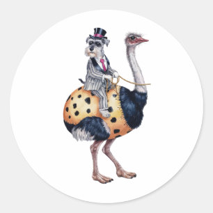 A schnauzer dog sitting on an ostrich's back classic round sticker