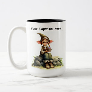 A Scruffy Elf Holding a Delicious Cake Two-Tone Coffee Mug