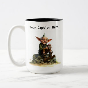 A Scruffy Elf Holding a Delicious Cake Two-Tone Coffee Mug