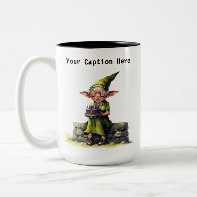 A Scruffy Elf Holding a Delicious Cake Two-Tone Coffee Mug (Left)