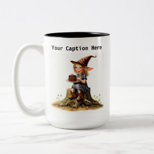 A Scruffy Elf Holding a Delicious Cake Two-Tone Coffee Mug