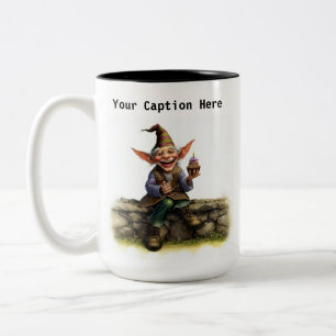 A Scruffy Elf Holding a Delicious Cake Two-Tone Coffee Mug