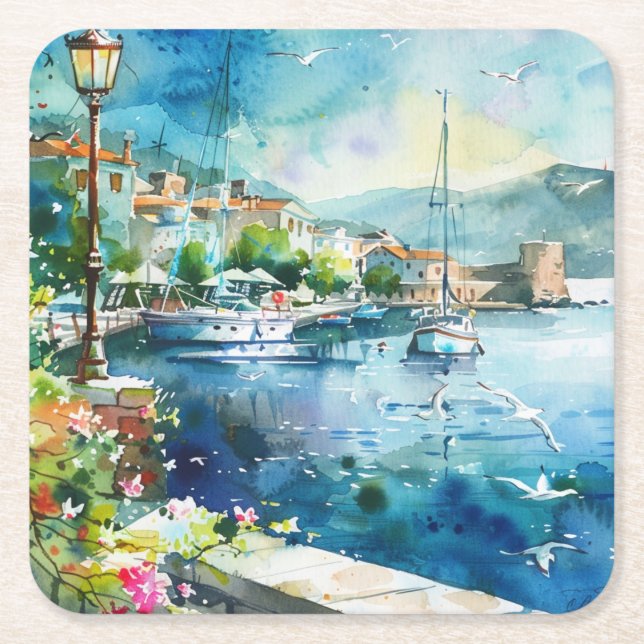 A Sea Port Square Paper Coaster (Front)