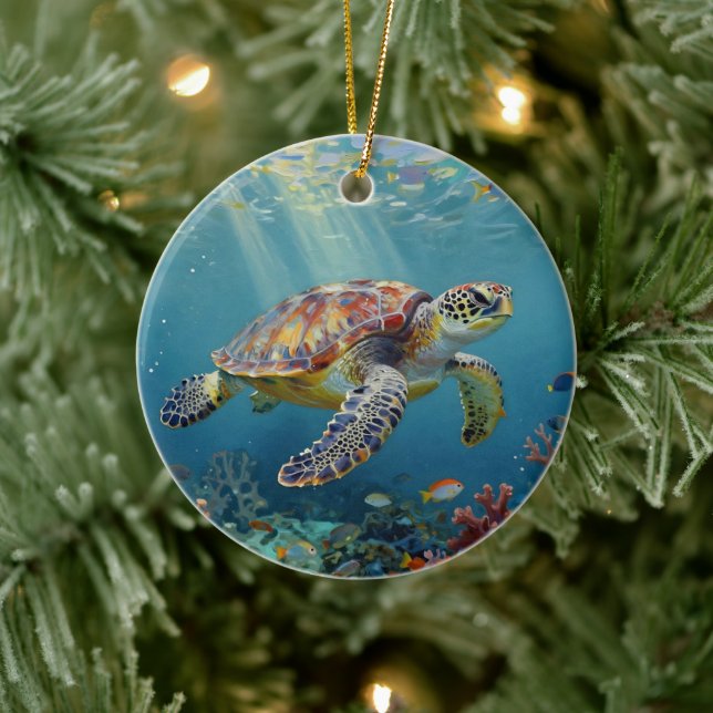 A Sea Turtle and Sun Rays in the Ocean Blue Ceramic Ornament (Tree)