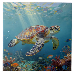 A Sea Turtle and Sun Rays in the Ocean Blue Ceramic Tile