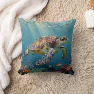 A Sea Turtle and Sun Rays in the Ocean Blue Cushion