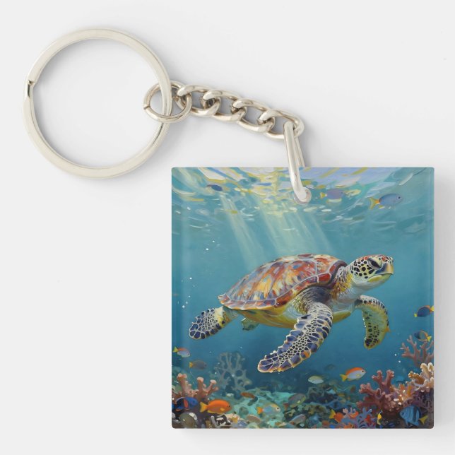A Sea Turtle and Sun Rays in the Ocean Blue Key Ring (Front)