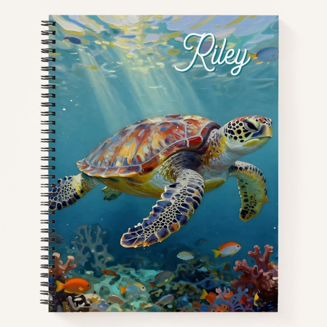 A Sea Turtle and Sun Rays in the Ocean Blue Notebook (Front)