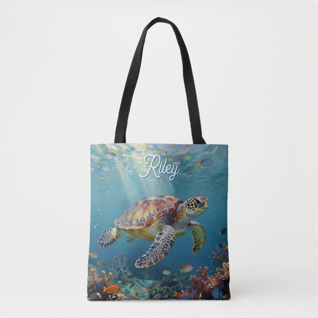 A Sea Turtle and Sun Rays in the Ocean Blue Tote Bag (Front)