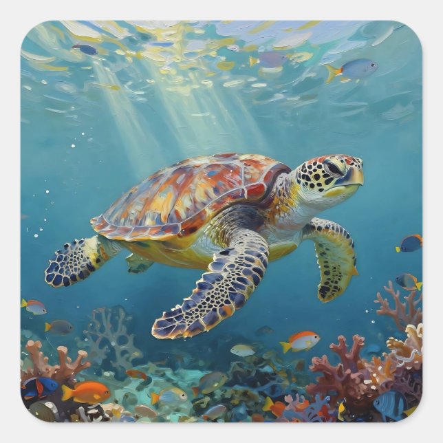 A Sea Turtle Themed Teal Square Sticker (Front)