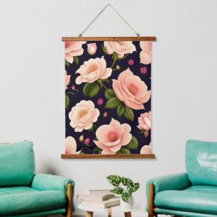 A seamless pattern with pink roses on a dark backg hanging tapestry