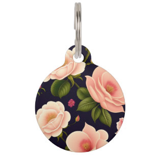 A seamless pattern with pink roses on a dark backg pet tag