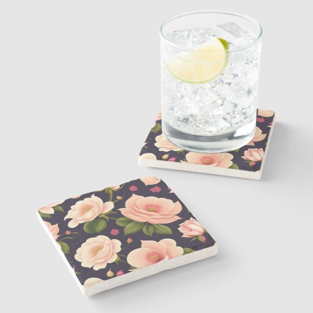 A seamless pattern with pink roses on a dark backg stone coaster (Side)