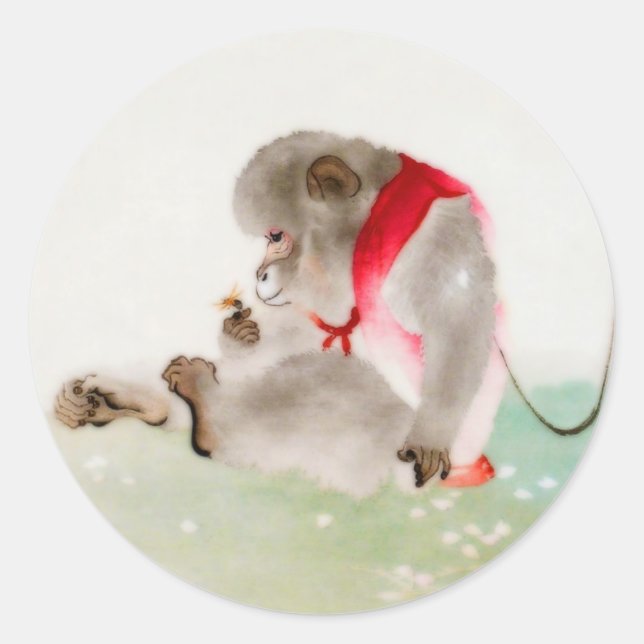A Seated Monkey Observing An Insect Classic Round Sticker (Front)