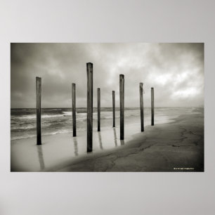 A sepia toned shot of old beach posts poster