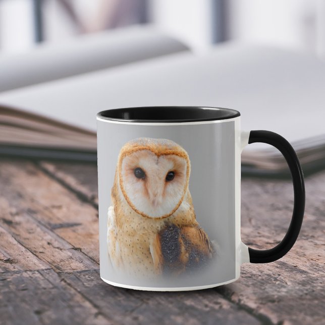 A Serene Barn Owl Mug (Vignetted Portrait of a Barn Owl 11 oz Coffee Mug Cover Photo.)