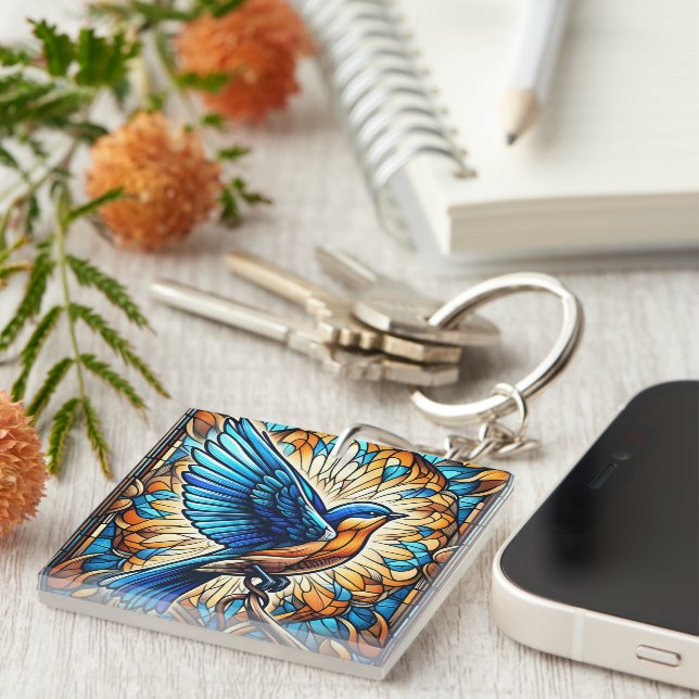 A Serene Bluebird: Stained Glass Artwork Key Ring (Front Right)