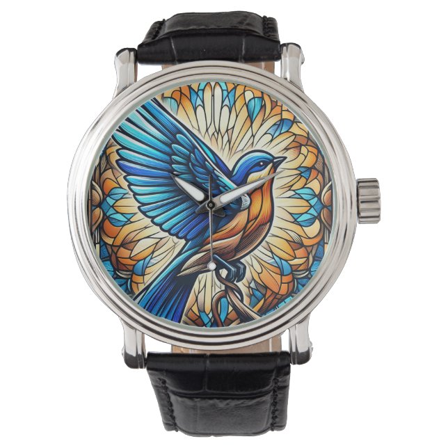 A Serene Bluebird: Stained Glass Artwork Watch (Front)