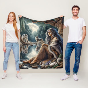 A serene evening by the moonlit river with wolves fleece blanket