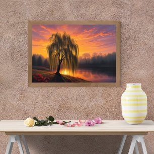 A Serene Lakeside Landscape with Golden Hues Poster