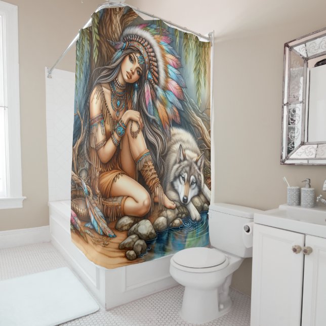 A serene moment between a Native Indian and a wolf Shower Curtain (In Situ)