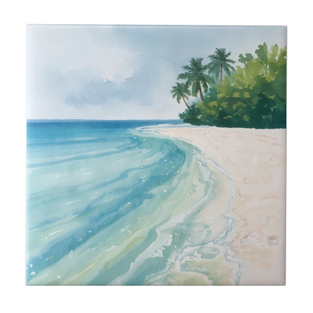 A Serene Tropical Beach in Watercolor Ceramic Tile (Front)