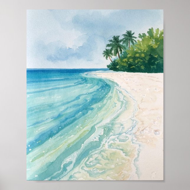 A Serene Tropical Beach in Watercolor Poster (Front)