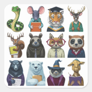 A Set of 12 Back to School Cute Animal Square Sticker