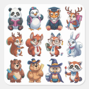 A Set of 12 Back to School Cute Animal Square Sticker