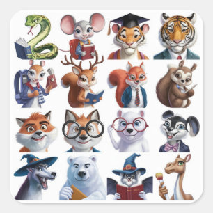 A Set of 12 Back to School Cute Animal Square Sticker