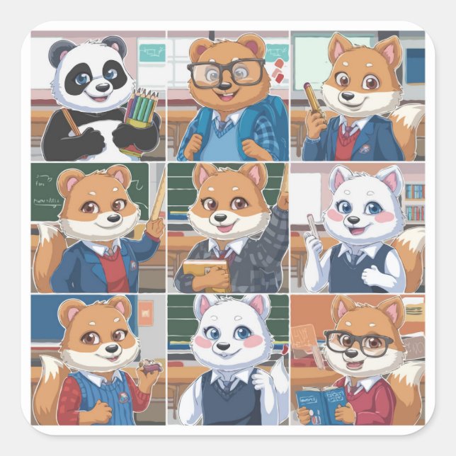 A Set of 9 Back to School Cute Animal Square Sticker (Front)