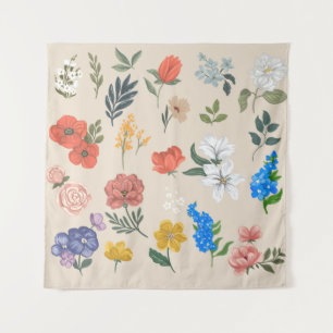 A set of blossom flowers and leaves. Hand drawn vi Tapestry
