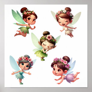A set of magical little cartoon Fairies Poster