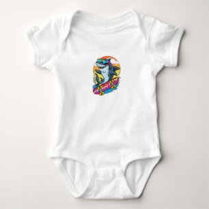 A shark wearing sunglasses, riding a skateboard. baby bodysuit